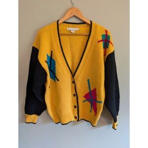 Vintage Geoffrey Beene 80s Wool Cardigan Yellow Black Geometric Intarsia Medium